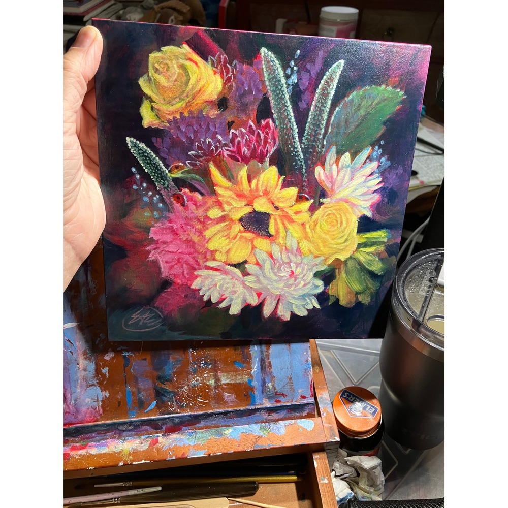 Artettina Original sunflower Painting floral Rose bouquet Art signed 2026 USA - Picture 2 of 8